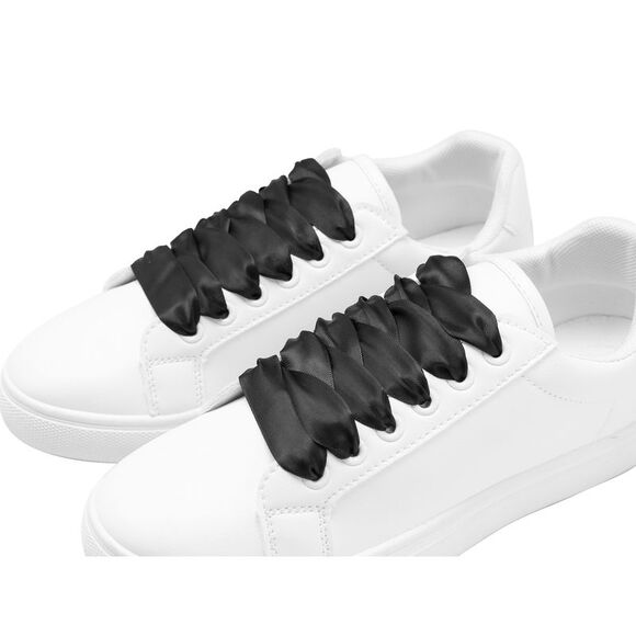 1 Pair Flat Satin Ribbon Wide Shoestrings Colorful Shoe Laces Black - Picture 4 of 5